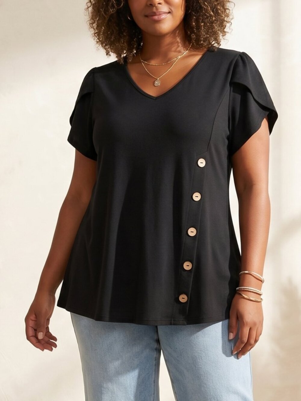 New Women’s Black Button Accent Casual Top – Size Medium